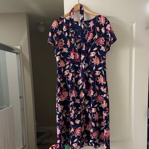 LOFT Navy Dress with Pink and Red Floral Pattern